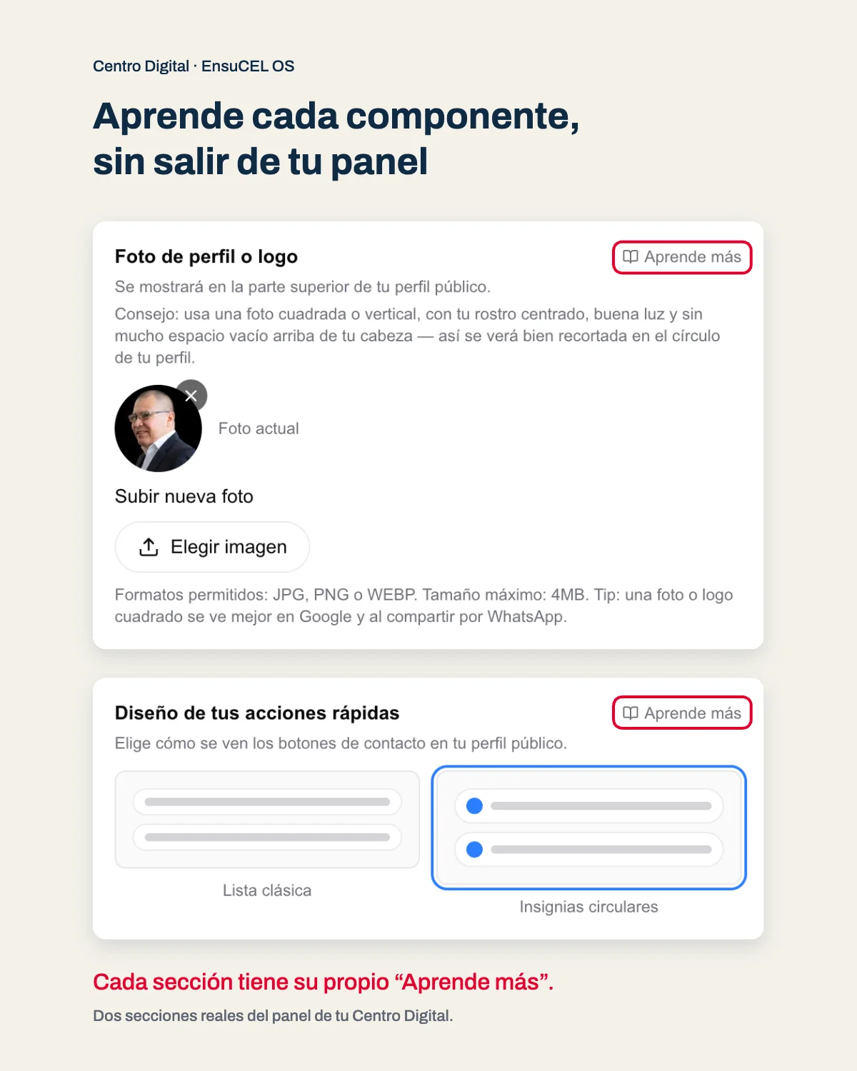 Panel de tu Centro Digital: cada componente, como la foto de perfil y las acciones rápidas, trae su enlace Aprende más