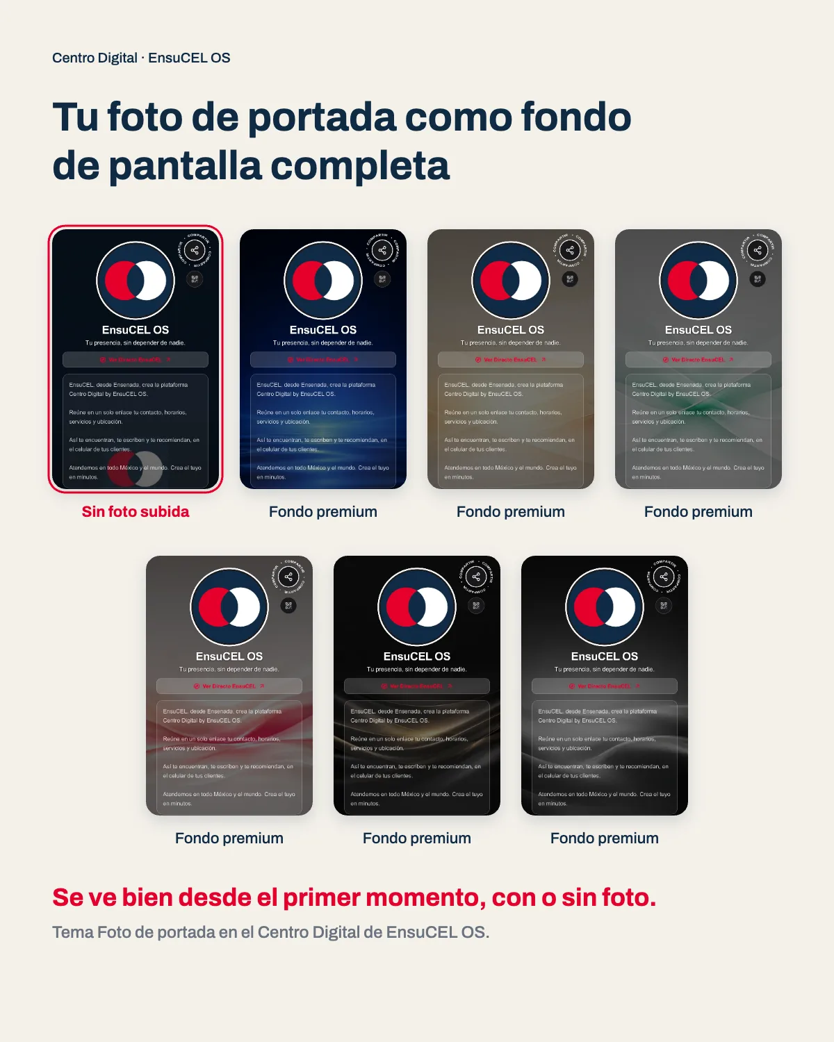 Tema de foto de portada a pantalla completa en tu Centro Digital: fondo de respaldo sin foto y seis fondos premium