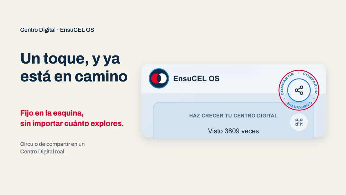 Botón flotante de compartir en un Centro Digital real: el círculo que gira, fijo en la esquina superior