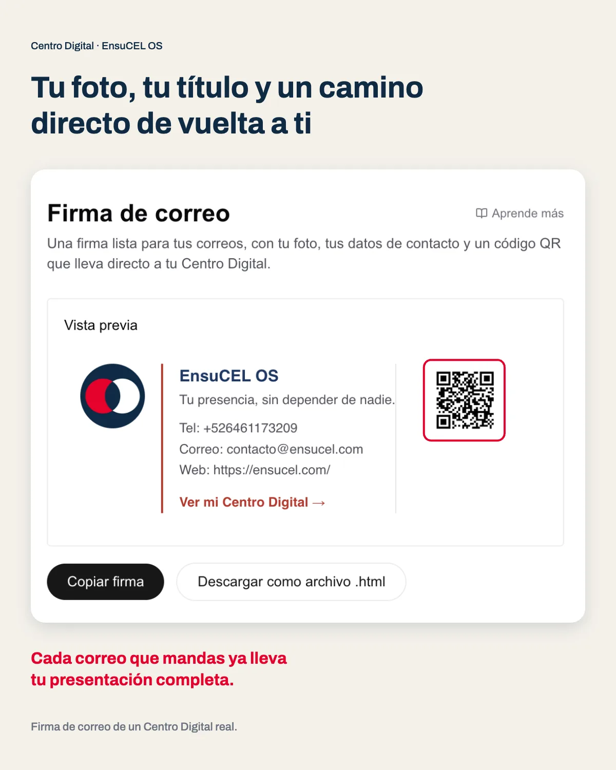 Firma de correo con QR en un Centro Digital real: foto, nombre, eslogan, contacto y código QR listos para copiar