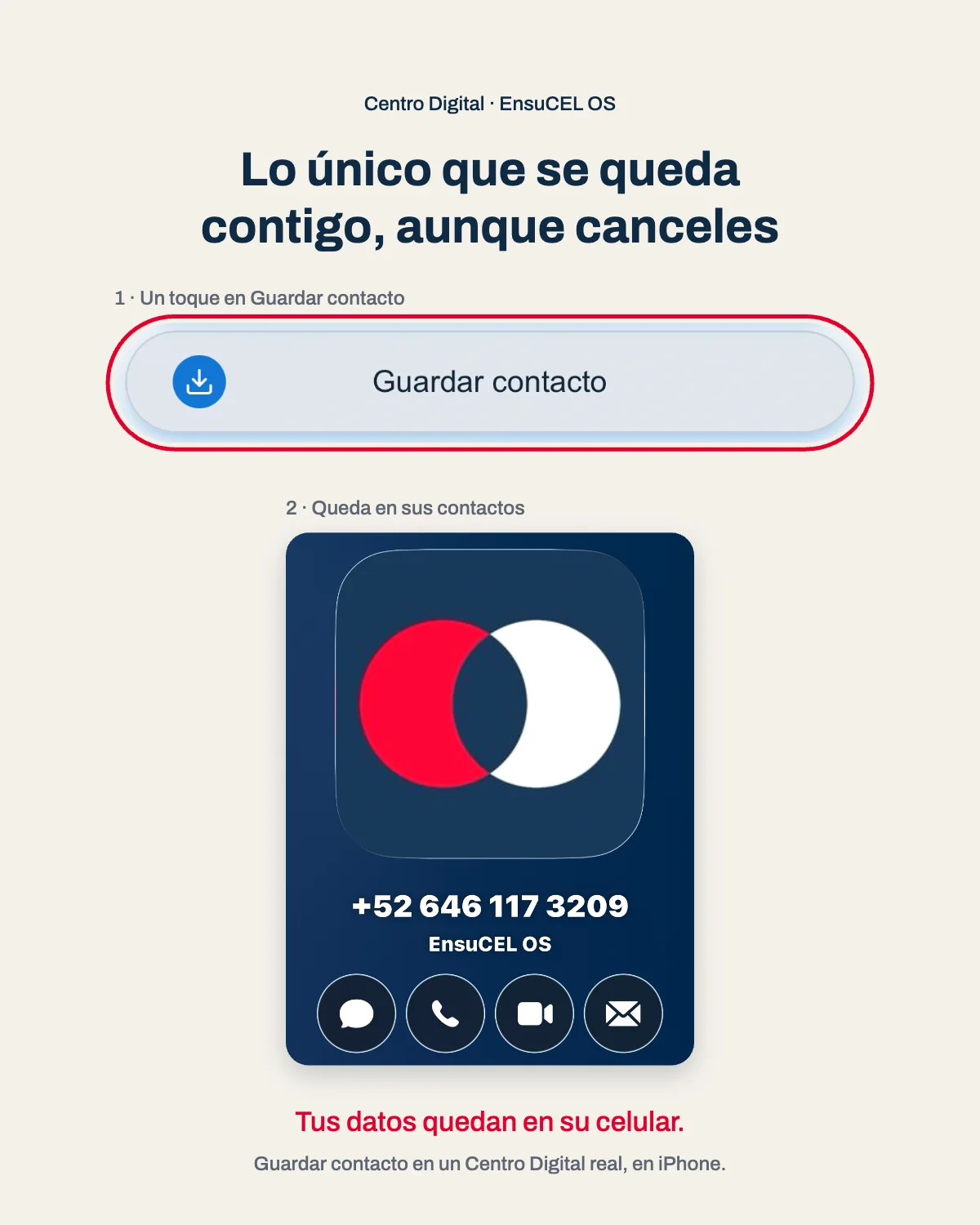 Guardar contacto desde un Centro Digital real: un toque y el nombre, logo y teléfono quedan en los contactos del cliente
