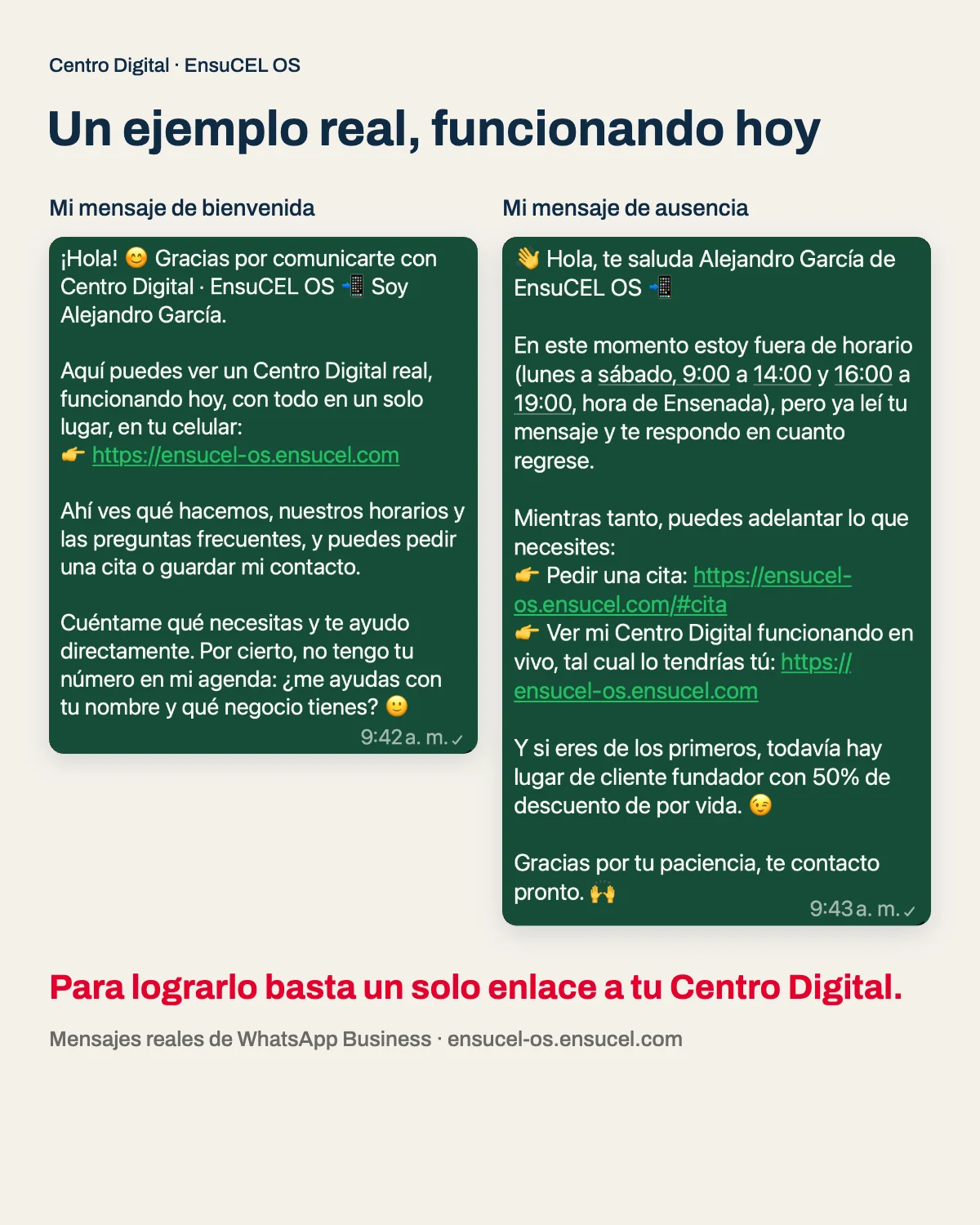 Mensaje de bienvenida y de ausencia en WhatsApp Business de EnsuCEL OS, con el enlace a su Centro Digital