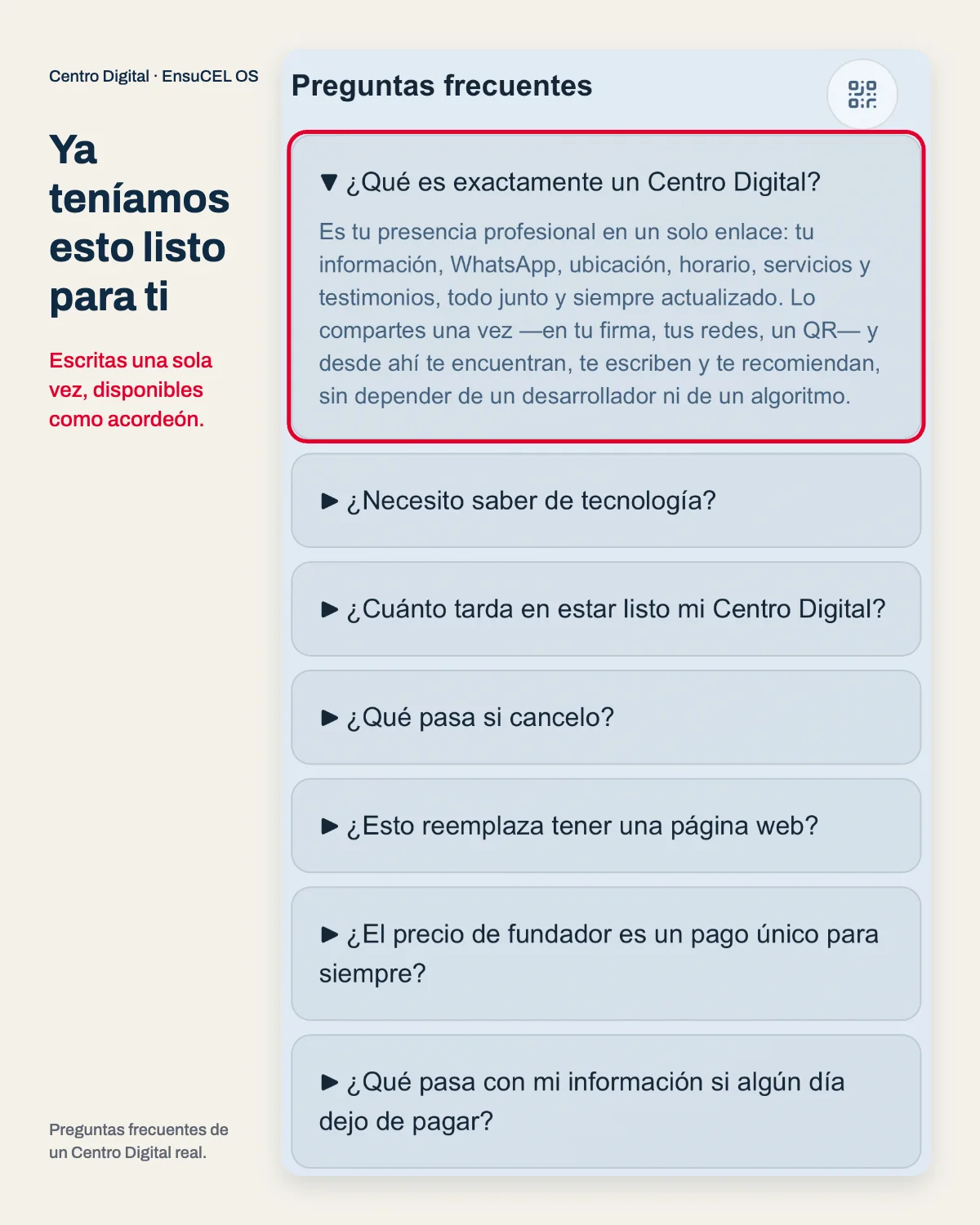 Preguntas frecuentes en un Centro Digital real: dudas comunes respondidas una vez, en acordeón que se abre con un toque