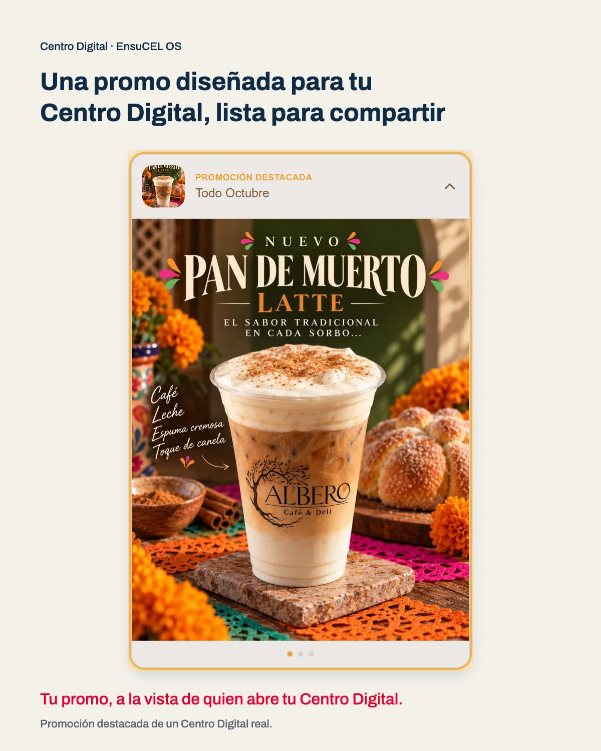 Promoción destacada en un Centro Digital real: la promo del mes en grande, arriba del perfil de una cafetería