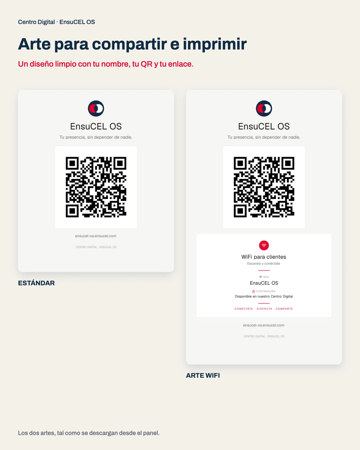 QR y arte para imprimir de un Centro Digital real: versión estándar y versión con WiFi para clientes, listas para descargar