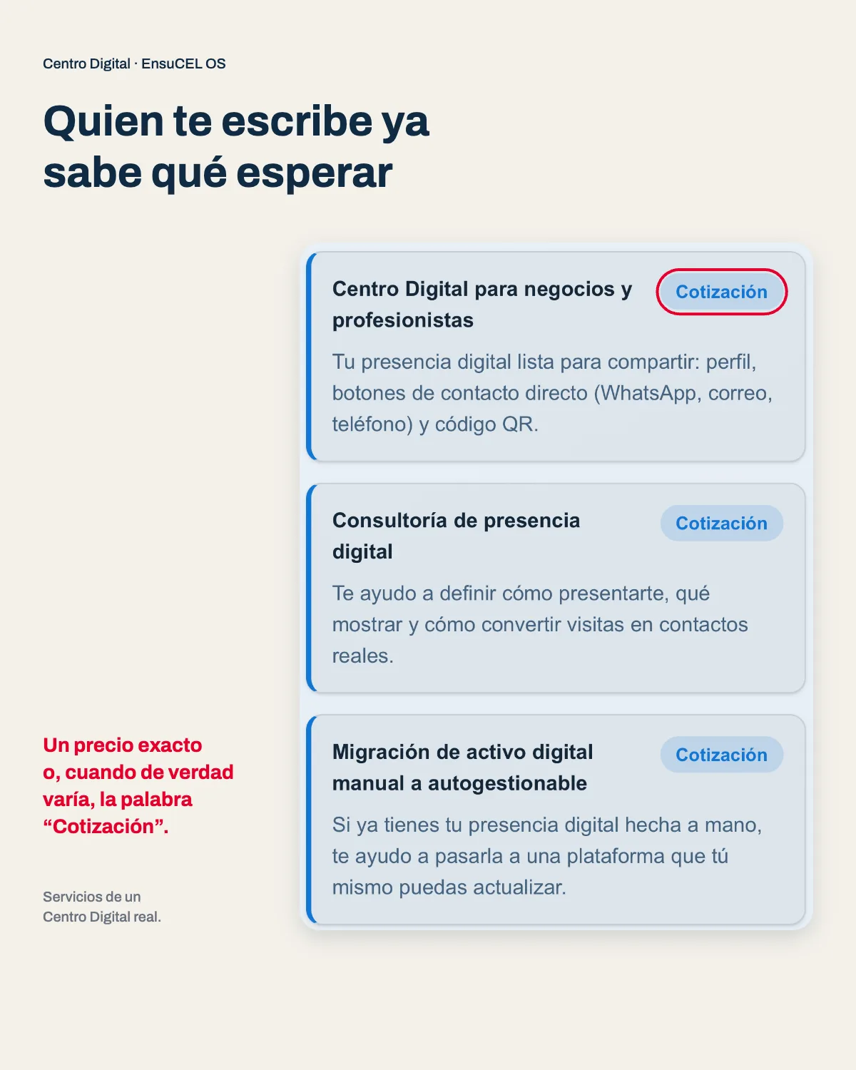 Servicios con precio en un Centro Digital real: tres tarjetas con nombre, descripción y la palabra Cotización