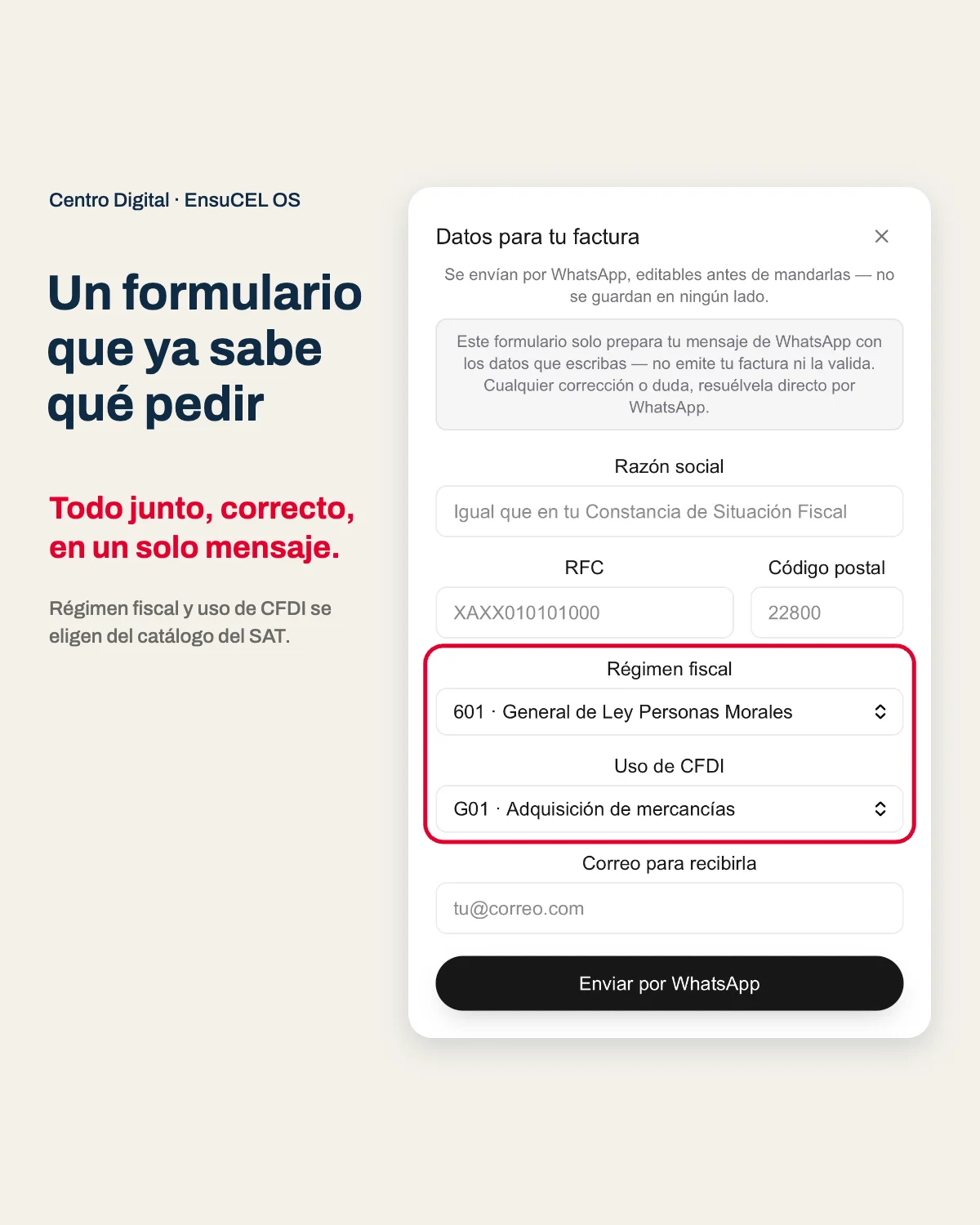 Formulario para solicitar factura en Centro Digital con régimen fiscal y uso de CFDI del catálogo del SAT