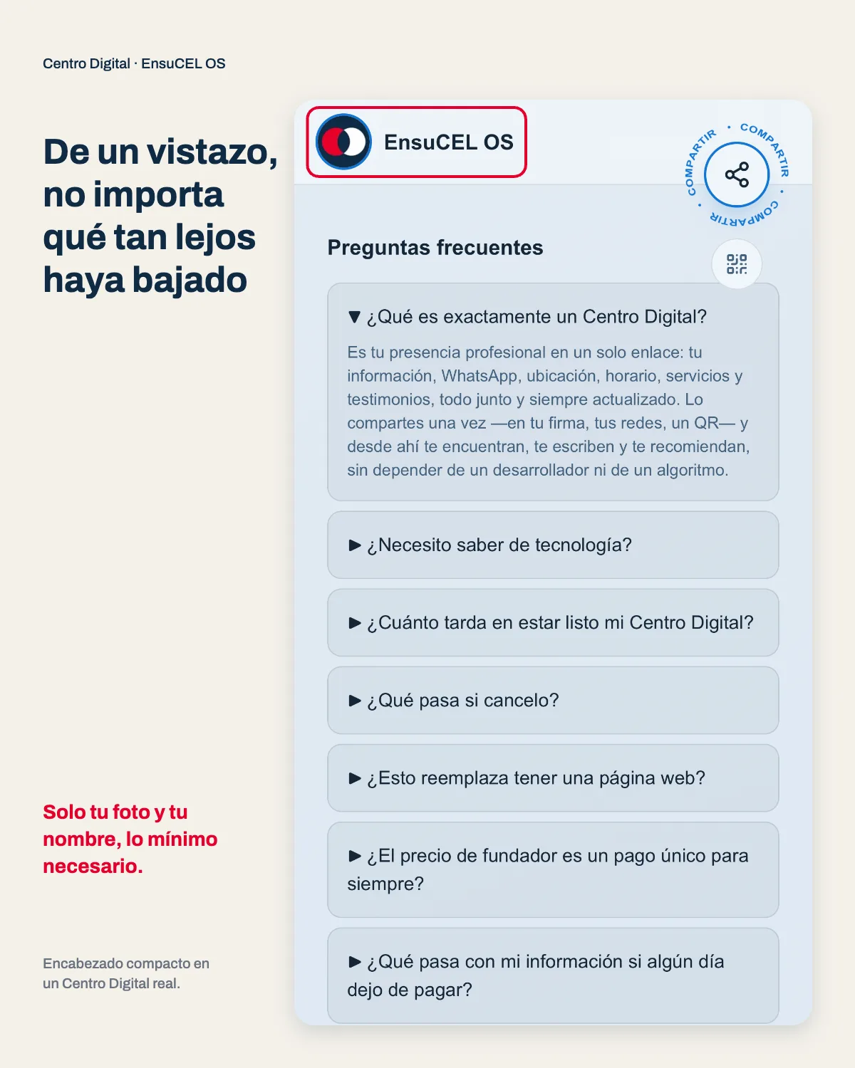 Marca siempre visible en un Centro Digital real: foto y nombre fijos arriba mientras se leen las preguntas frecuentes